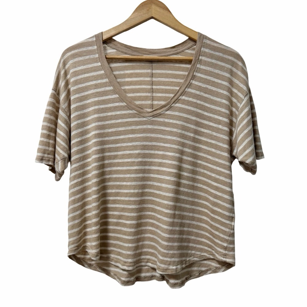 Faherty Womens Oceanside Linen V Veck Short Sleeve T Shirt Size M Stripe Beach